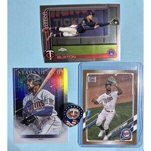 Twins Flag Pin + 3 Byron Buxton Cards-2021 Topps - #74 Gold /2021 ,TChrome#172+